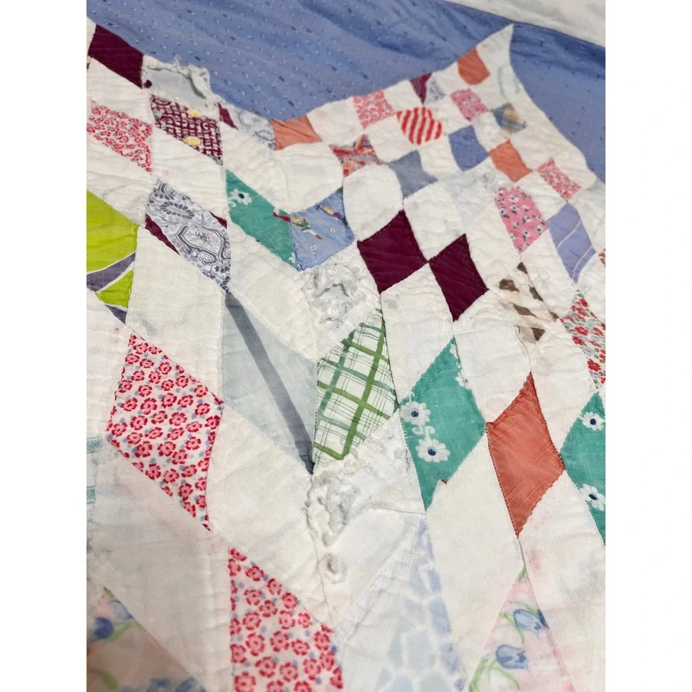 Antique Lone Star Hand Stitched Patchwork Quilt Blue Multi Color Cutter Repair